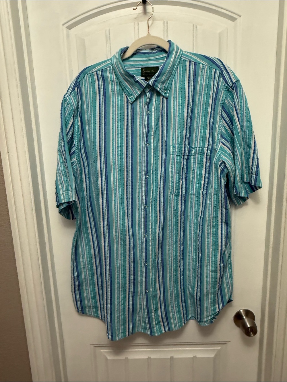 Scandia Woods Seersucker Striped Button SS Shirt Men XLT Blue Teal (58-4)